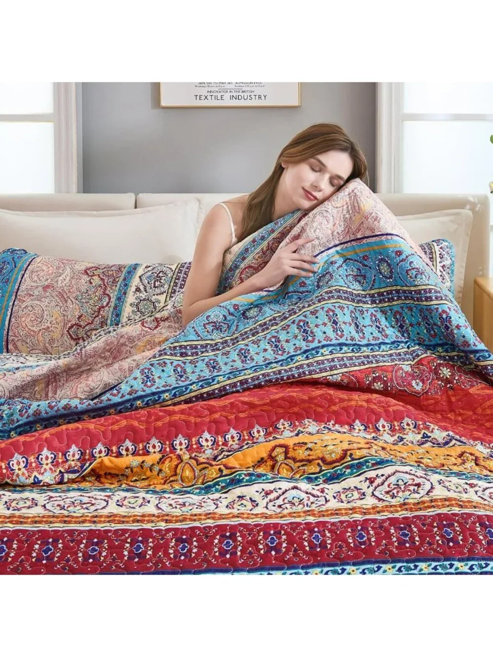 Boho Queen Quilt Set - Colorful Striped Bedding, Lightweight Microfiber, 3